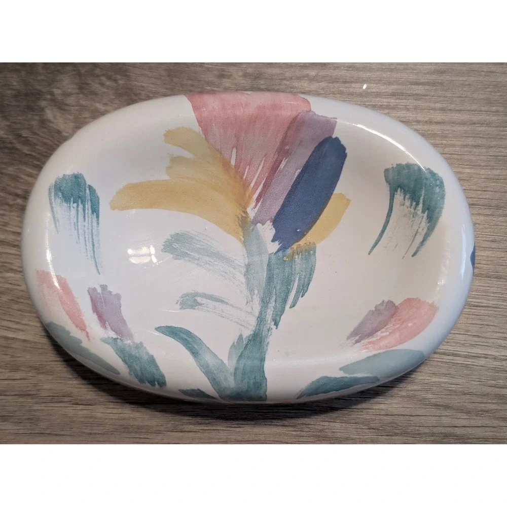 Vintage Ceramic‎ Soap Dish Riviera Hand Painted USA White Abstract Floral Pastel